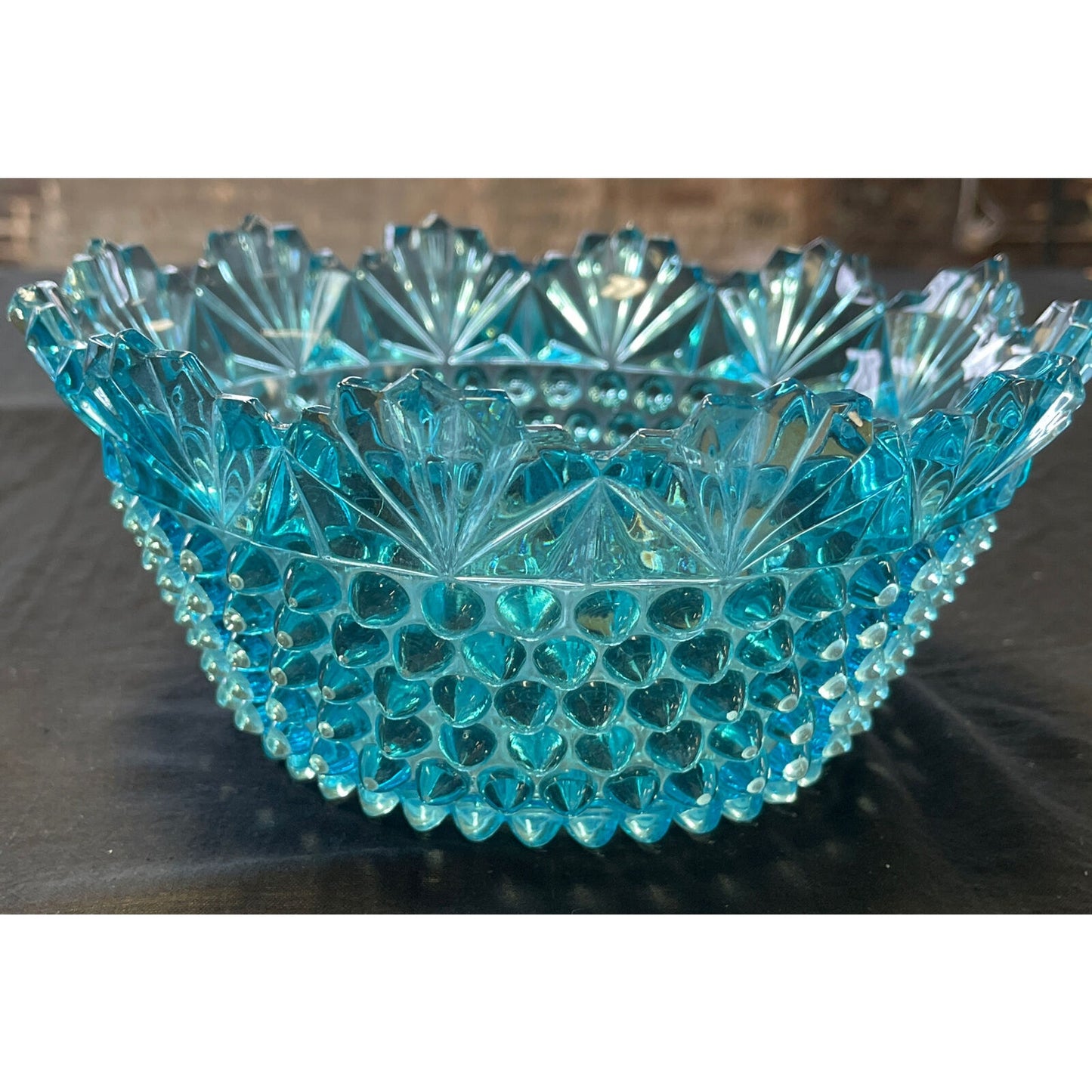 Vintage Imperial Hobnail Blue Glass Bowl with Scalloped Fan Shaped Rim