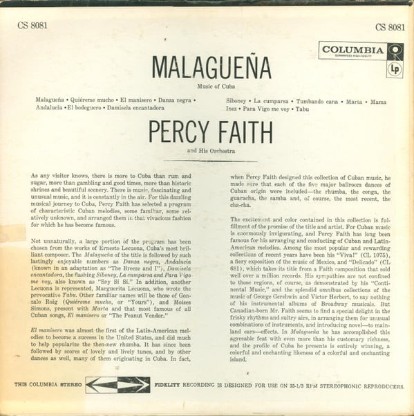 Percy Faith & His Orchestra : Malagueña (Music Of Cuba) (LP,Album,Stereo)