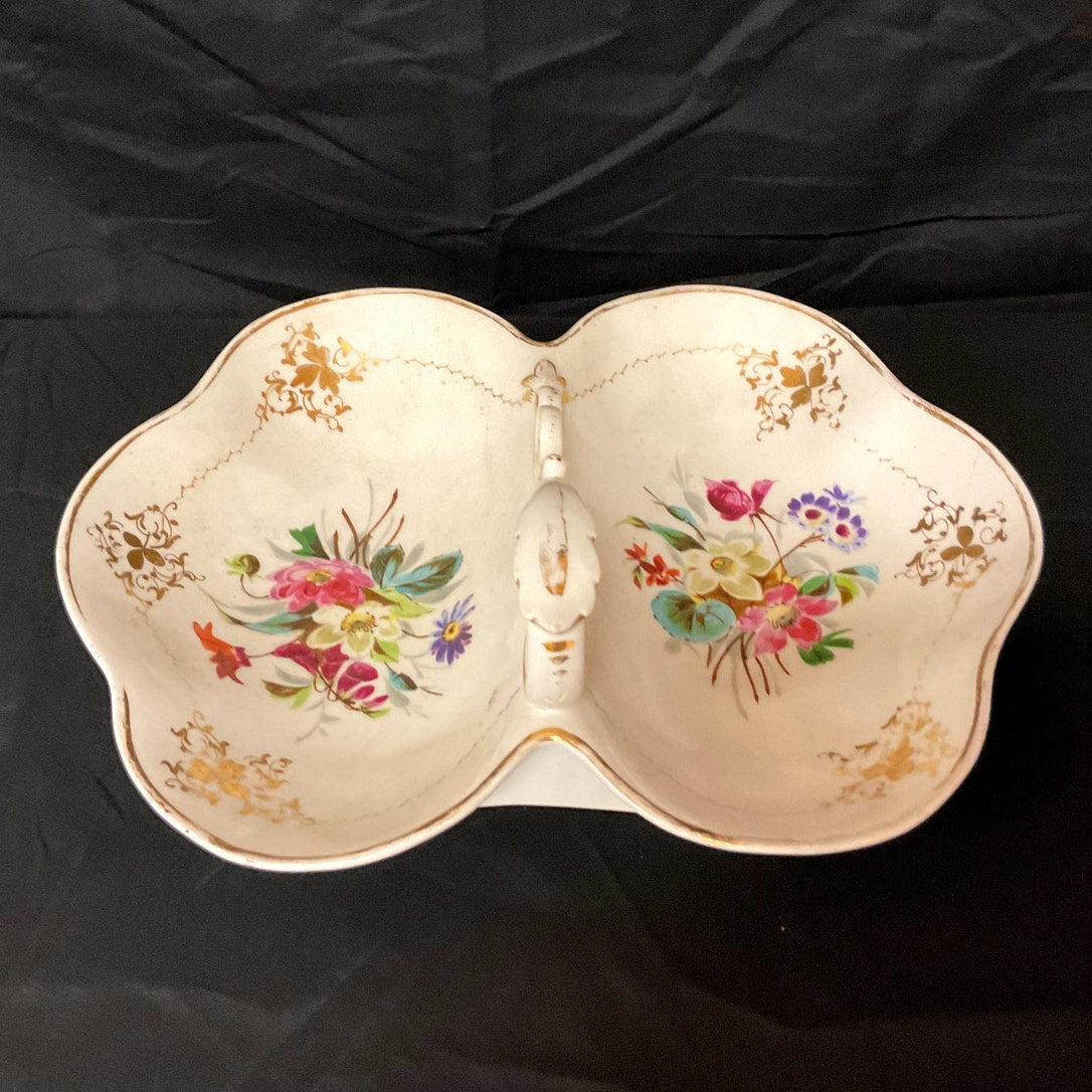 Vintage Porcelain Two Compartment Handled Relish Serving Dish