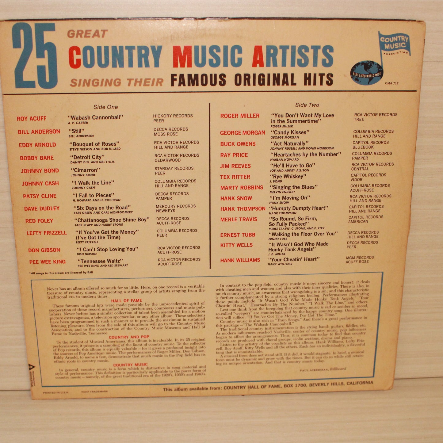 Various : Famous Original Hits By 25 Great Country Music Artists (LP,Album,Compilation,Mono)