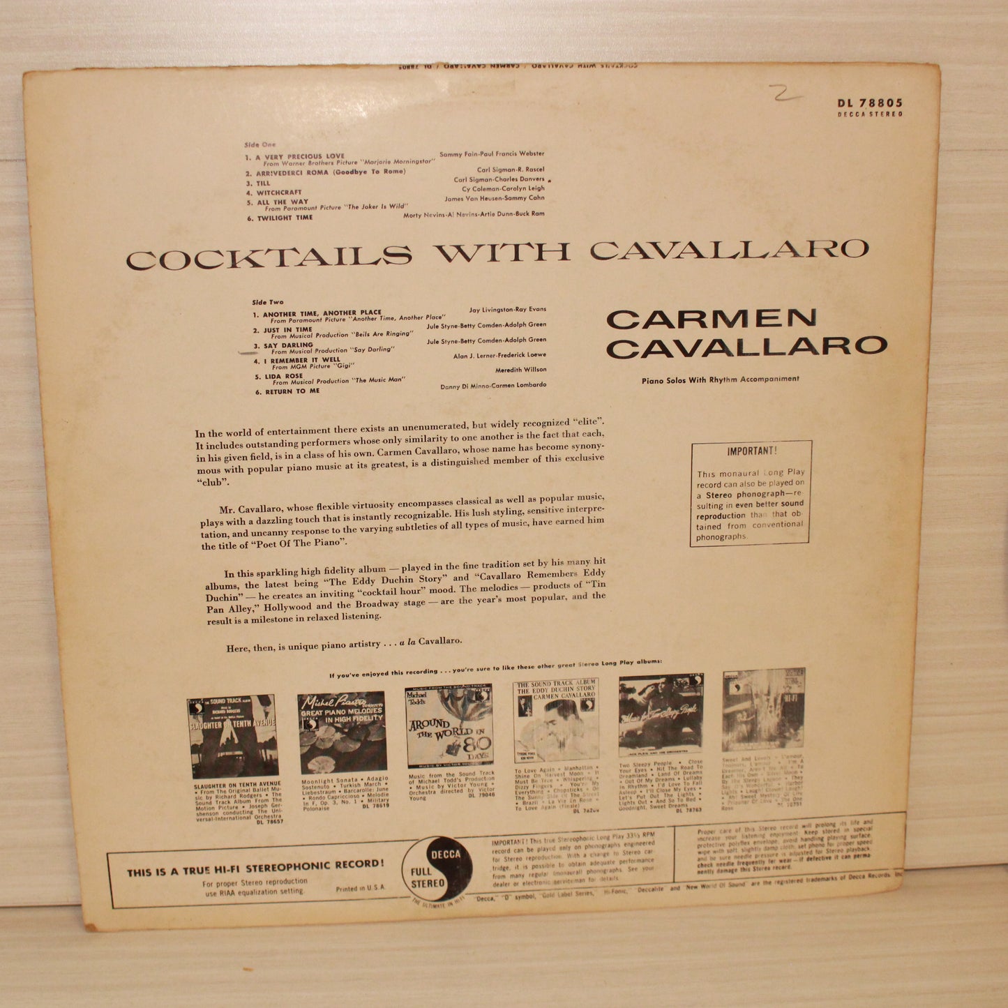 Carmen Cavallaro : Cocktails With Cavallaro (LP,Album,Mono)