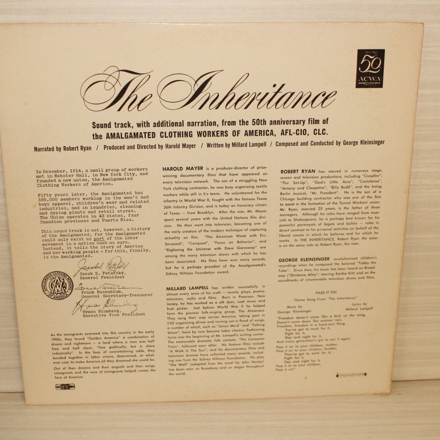 Robert Ryan, George Kleinsinger : The Inheritance: From The Film Sound Track With Additional Narration (LP,Mono)