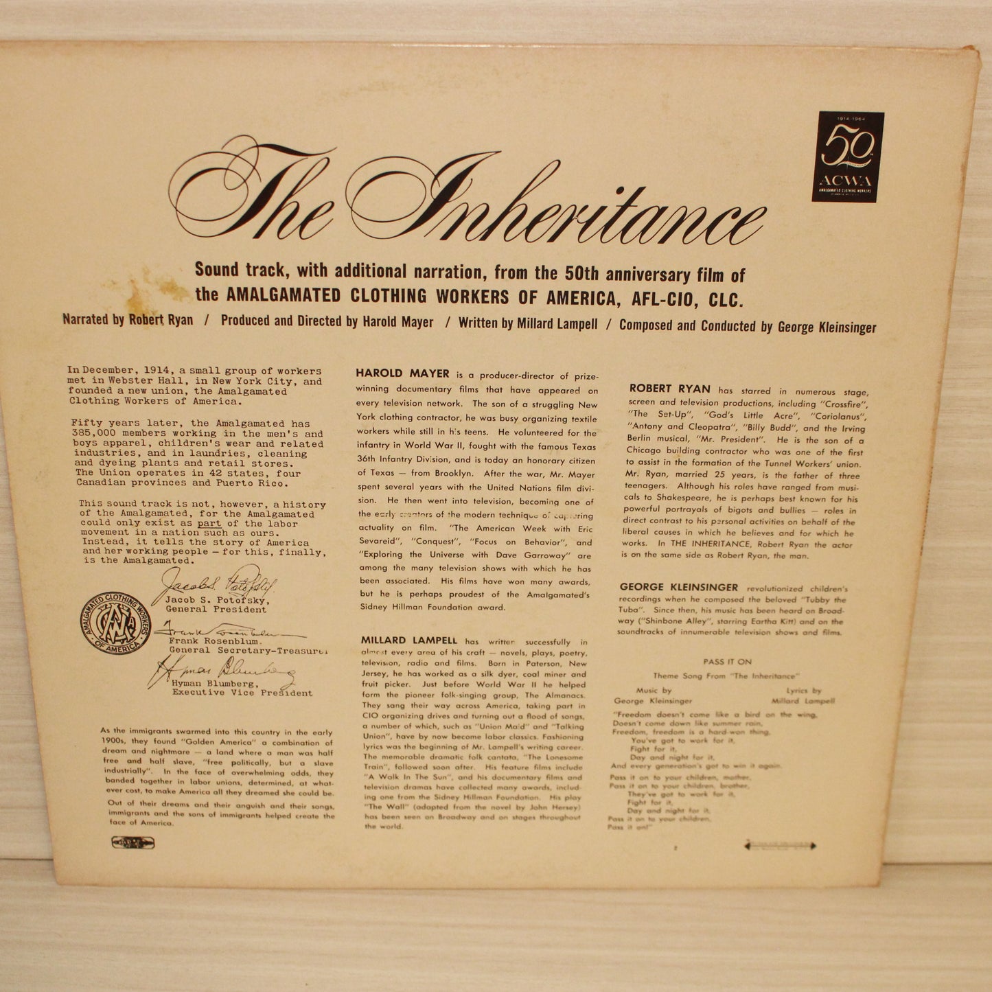 Robert Ryan, George Kleinsinger : The Inheritance: From The Film Sound Track With Additional Narration (LP,Mono)