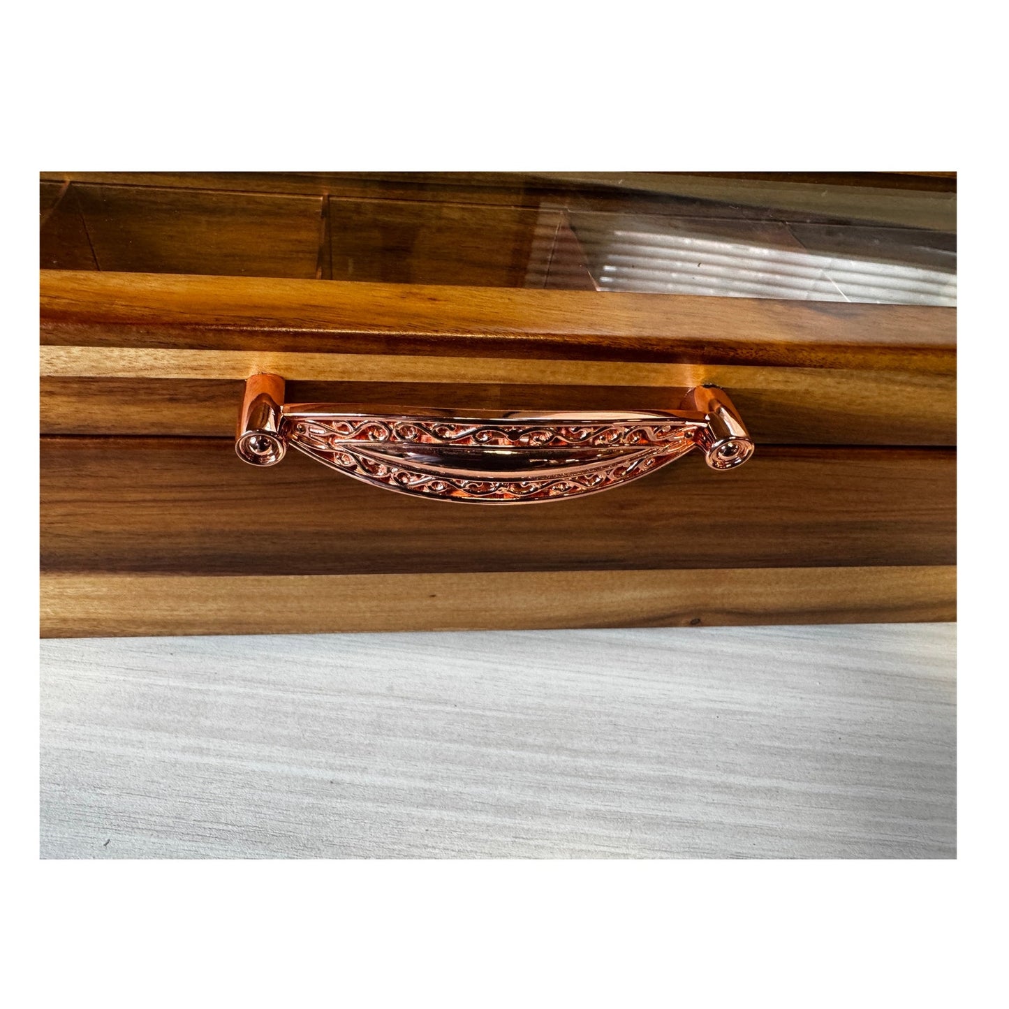 Mijenko Acacia Wood 4 Compartment Tea Chest-Glass Lid-Rose Gold Accents Giftable