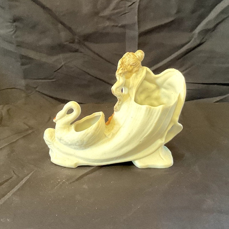 Antique Victorian German Bisque Lady Riding on Swan Planter