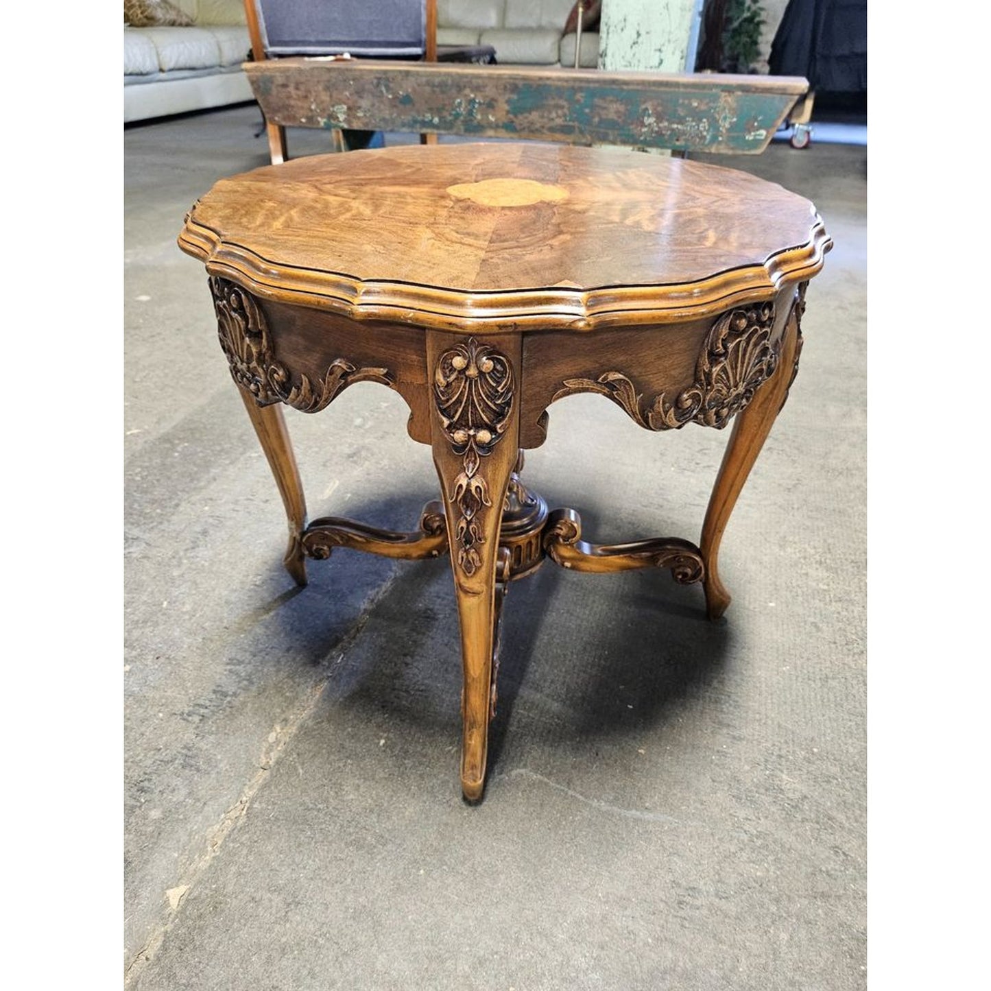 Vintage Burlwood Inlaid French Hand Carved Parlor/Side Table