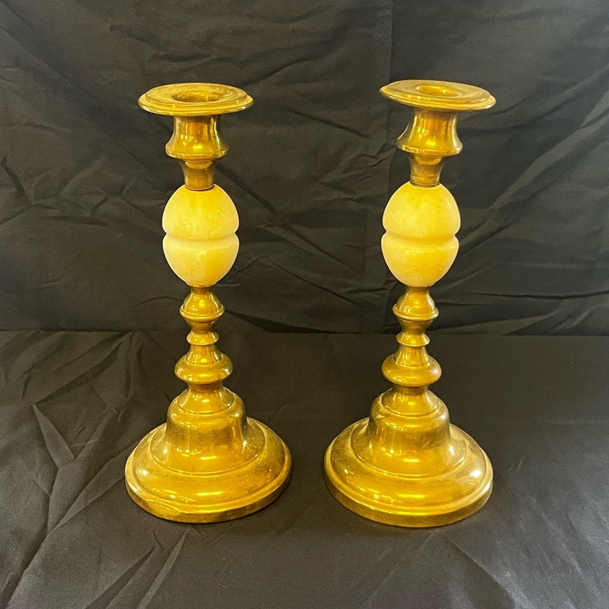 Antique Stone & Brass Candlesticks - Pair