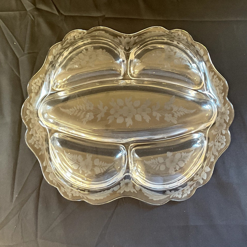 Vintage Cambridge Wildflower Etched Glass Divided Relish Dish