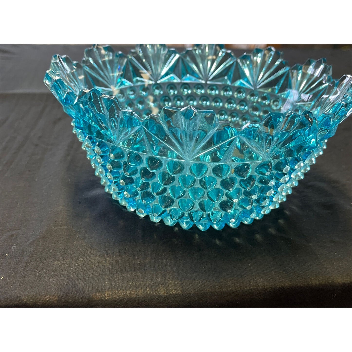 Vintage Imperial Hobnail Blue Glass Bowl with Scalloped Fan Shaped Rim