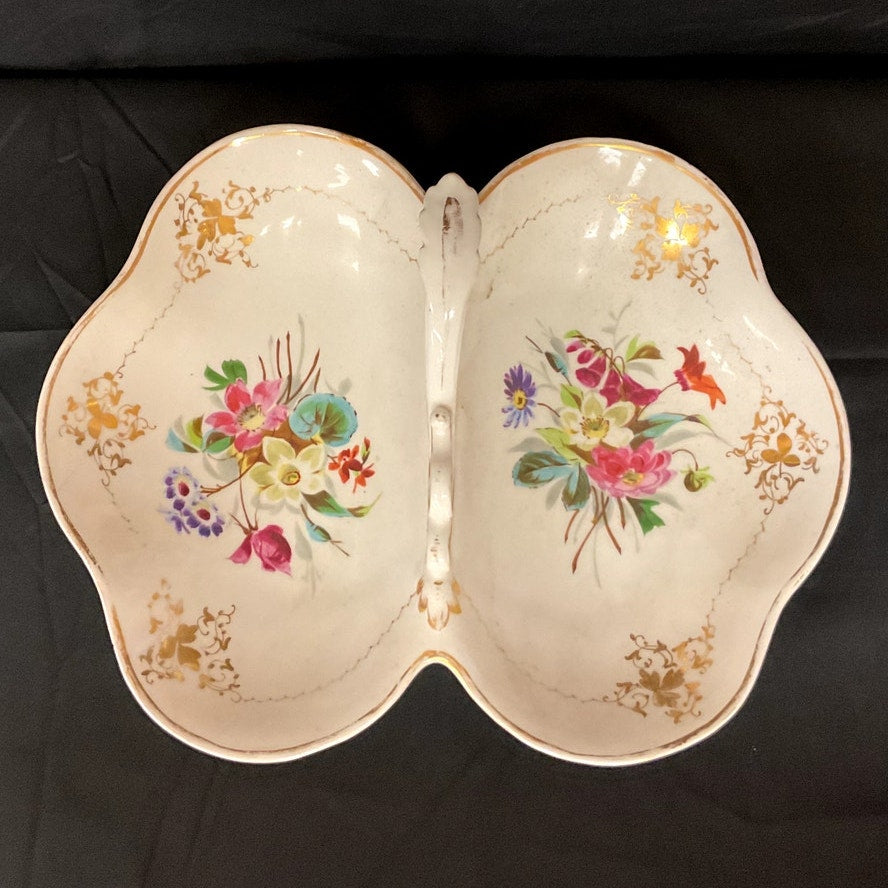 Vintage Porcelain Two Compartment Handled Relish Serving Dish