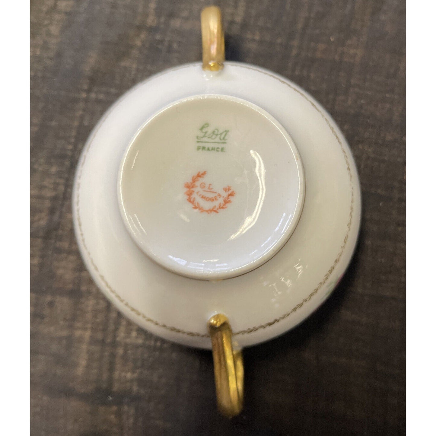 GDA Limoges Gilded w/ Ivy/Rose Pattern Cream Soup or Bullion Cup & Saucer