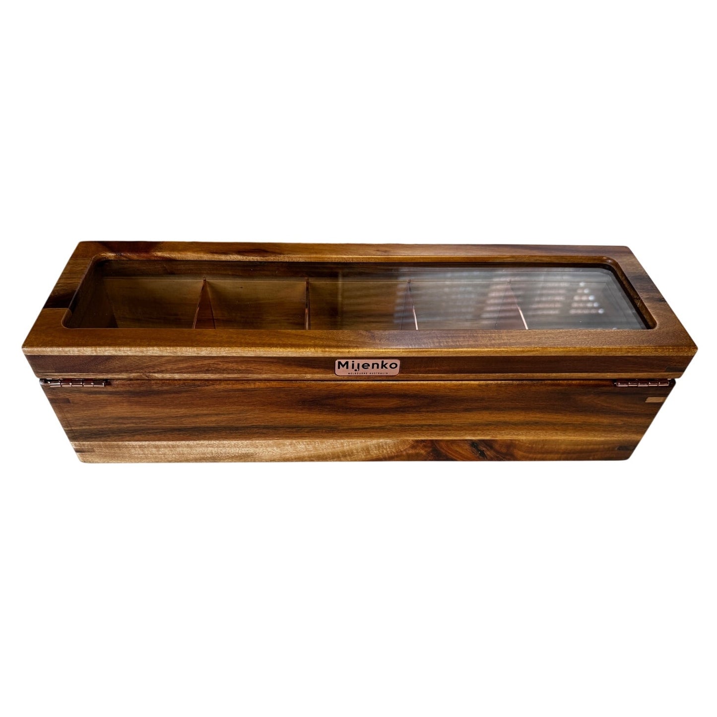 Mijenko Acacia Wood 4 Compartment Tea Chest-Glass Lid-Rose Gold Accents Giftable
