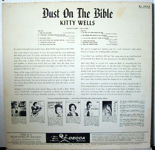 Kitty Wells : Dust On The Bible (LP,Album,Mono)
