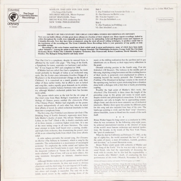 Gustav Mahler - Bruno Walter, New York Philharmonic, Mildred Miller, Ernst Haefliger : Das Lied Von Der Erde (LP,Stereo)