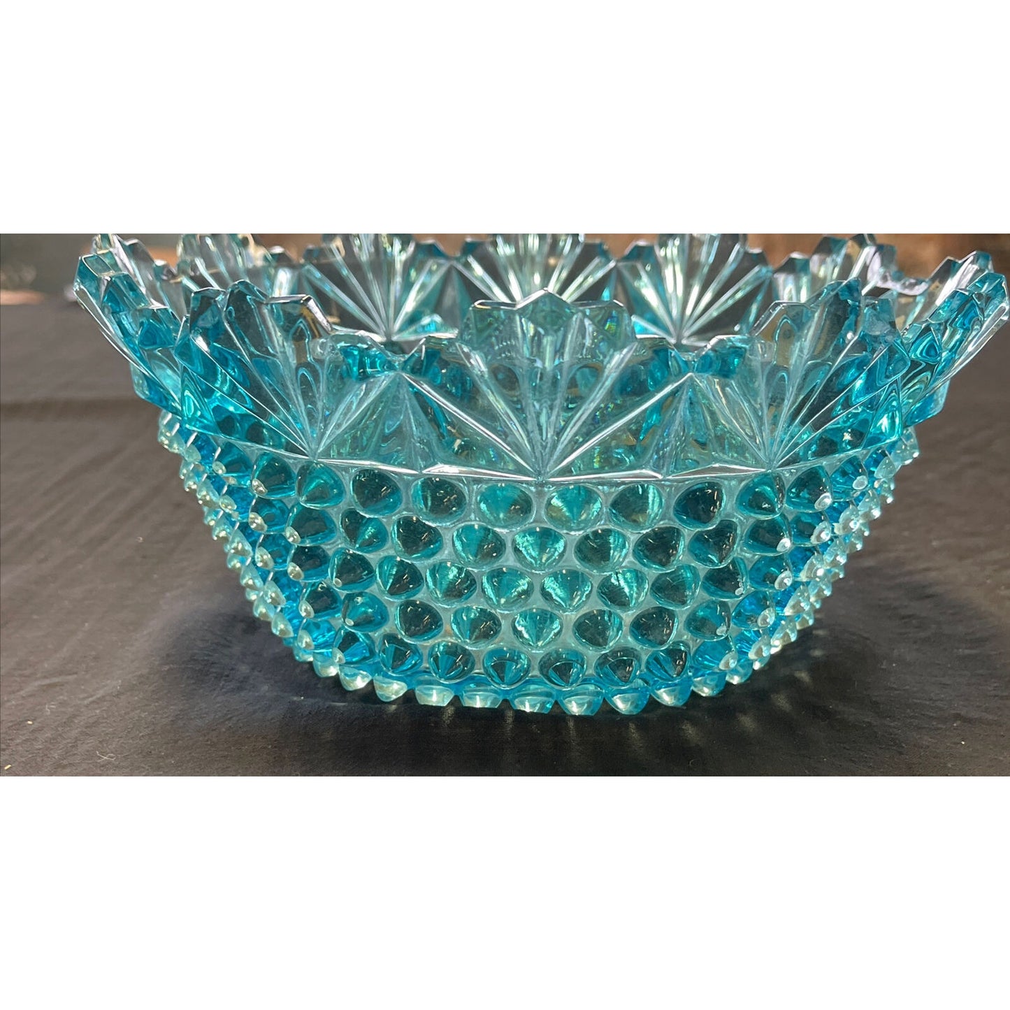 Vintage Imperial Hobnail Blue Glass Bowl with Scalloped Fan Shaped Rim