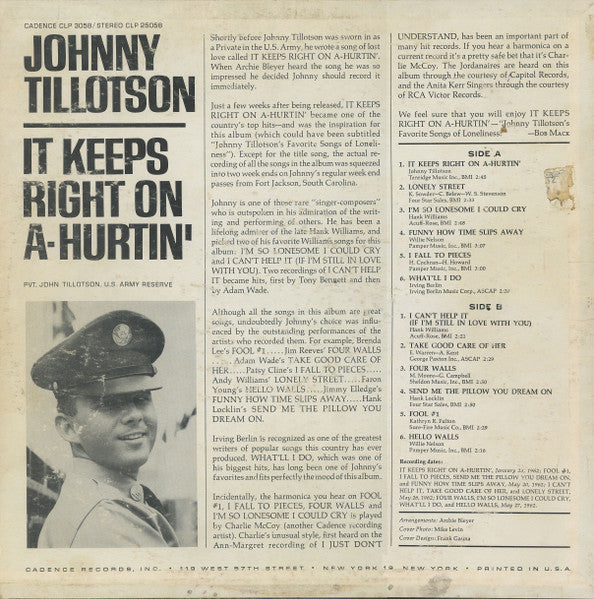 Johnny Tillotson : It Keeps Right On A-Hurtin (LP,Album,Mono)