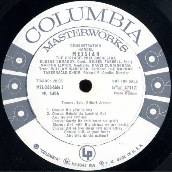 Georg Friedrich Händel : The Philadelphia Orchestra, Eugene Ormandy ; Mormon Tabernacle Choir, Richard P. Condie ; Eileen Farrell, Martha Lipton, Davis Cunningham, William Warfield : Messiah (LP,Album,Promo)
