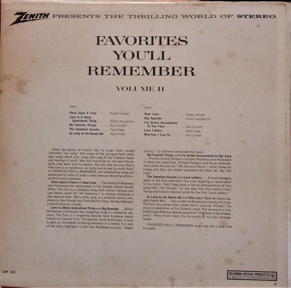 Various : Favorites You'll Remember, Vol II (LP,Compilation,Limited Edition,Stereo)
