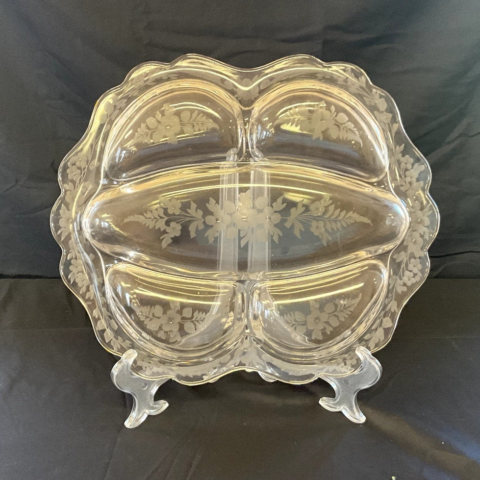 Vintage Cambridge Wildflower Etched Glass Divided Relish Dish
