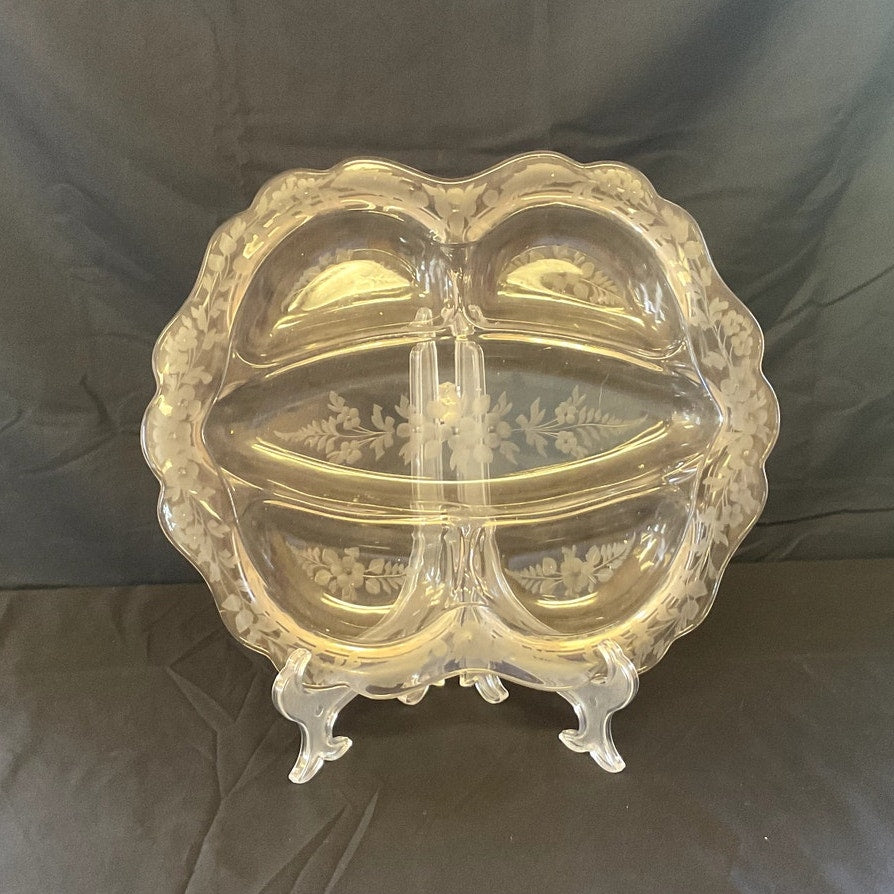 Vintage Cambridge Wildflower Etched Glass Divided Relish Dish