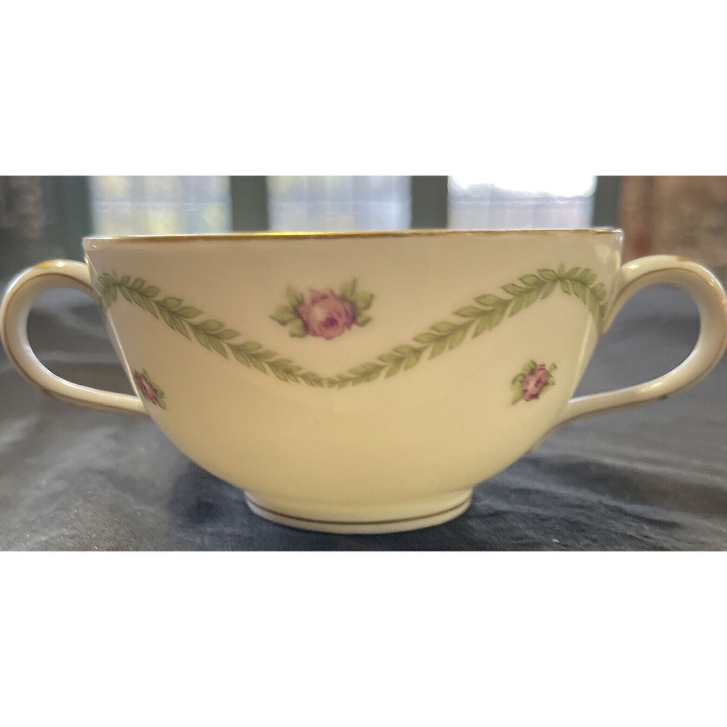 L.B King Gilded with Ivy/Rose Pattern Cream Soup or Bullion Cup & Saucer