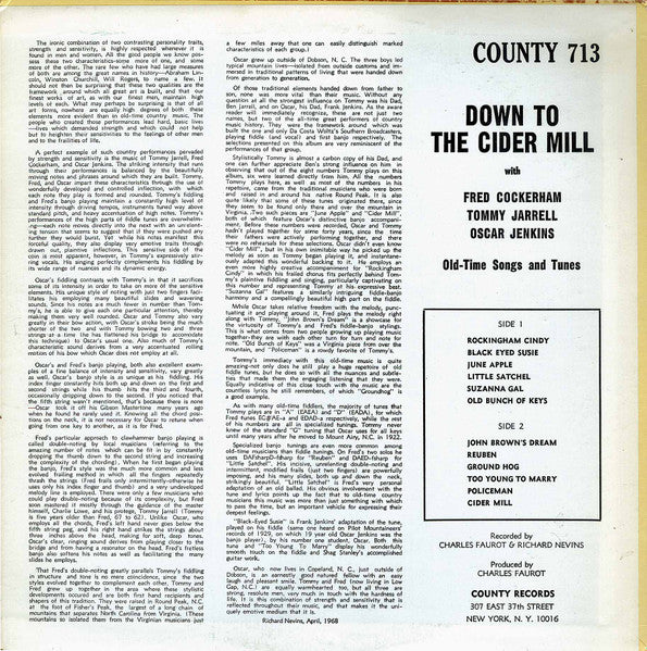Fred Cockerham, Tommy Jarrell & Oscar Jenkins : Down To The Cider Mill (LP,Album)