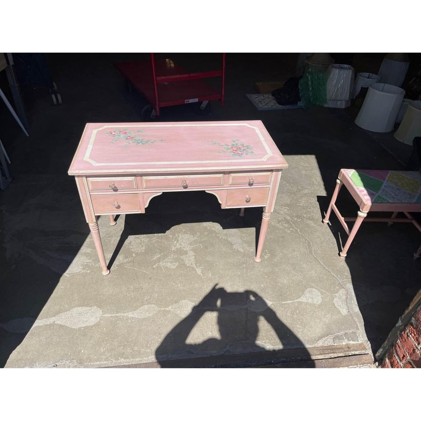 Vintage Ladies 5 Drawer Desk - Painted with Floral Design