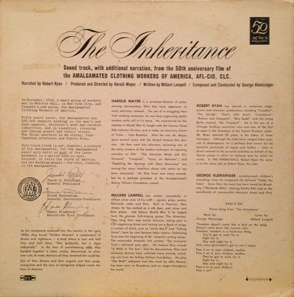Robert Ryan, George Kleinsinger : The Inheritance: From The Film Sound Track With Additional Narration (LP,Mono)