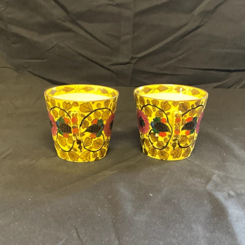 Hand painted Floral & Oriental Decor Cappuccino Cups & Saucers - Pair