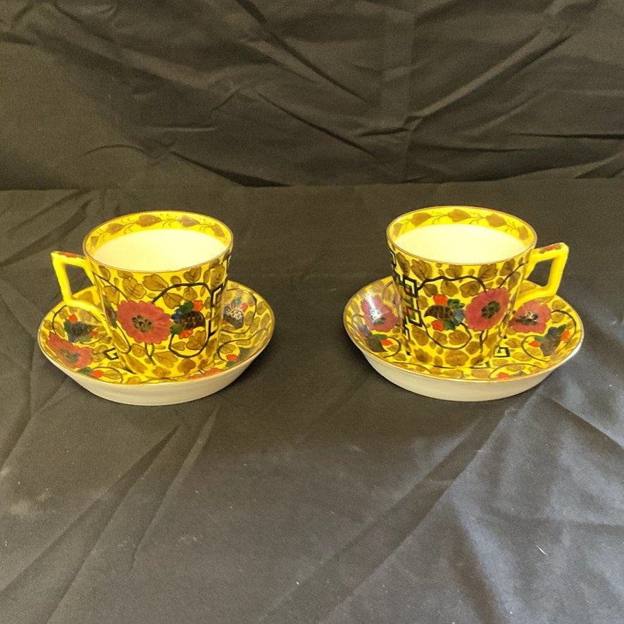 Hand painted Floral & Oriental Decor Cappuccino Cups & Saucers - Pair