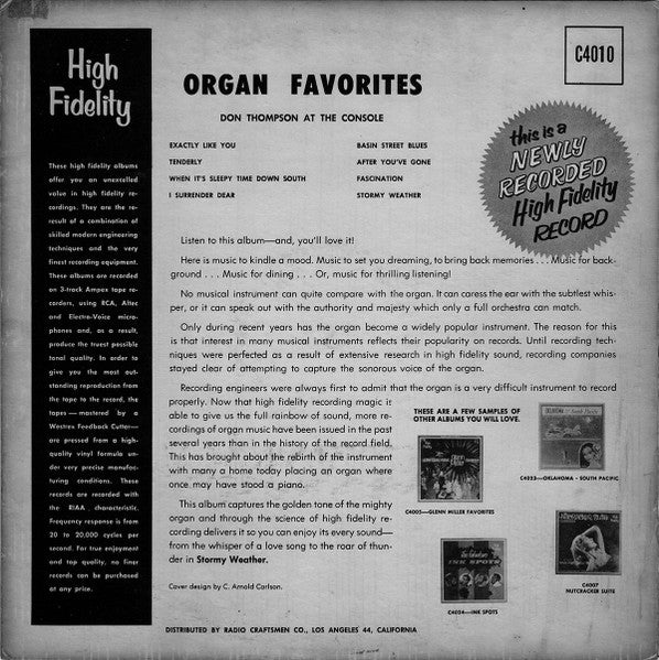 Don Thompson (7) : Organ Favorites (LP,Album,Mono)