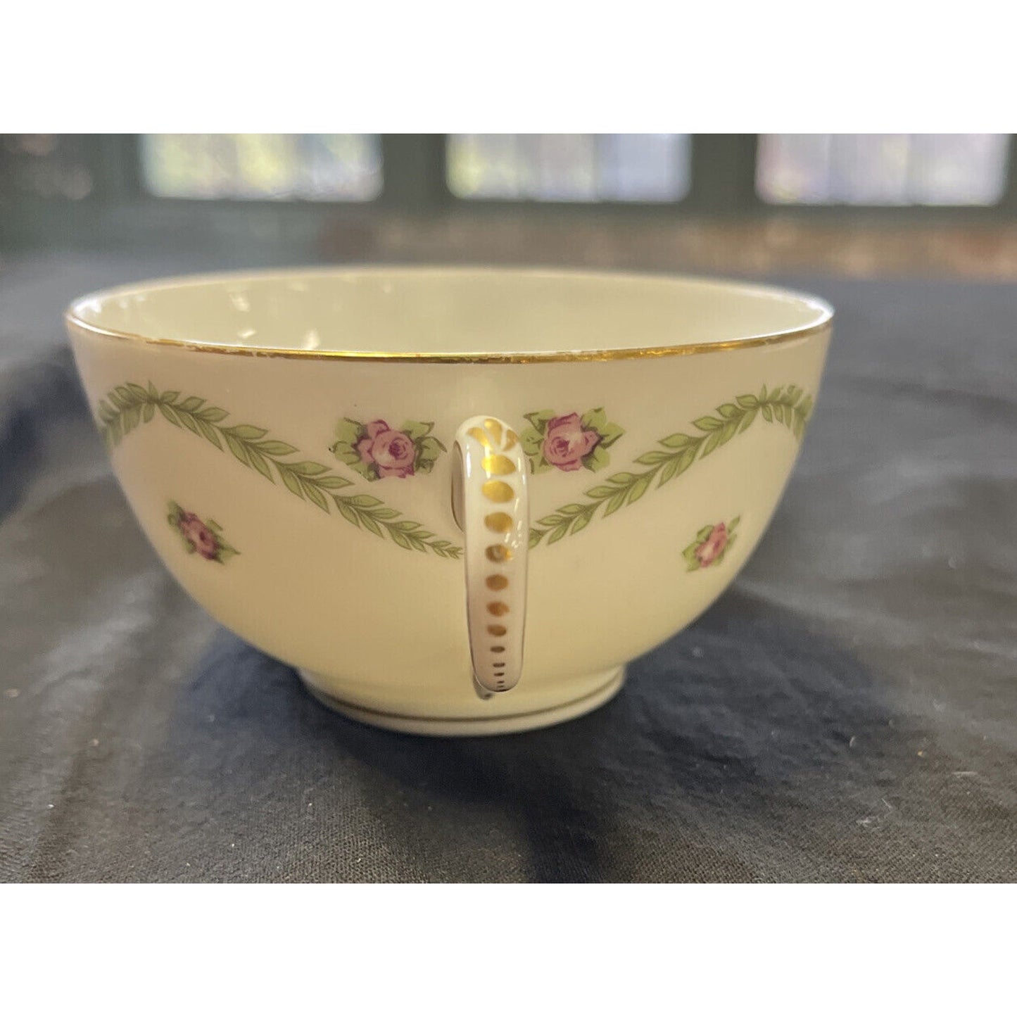 L.B King Gilded with Ivy/Rose Pattern Cream Soup or Bullion Cup & Saucer