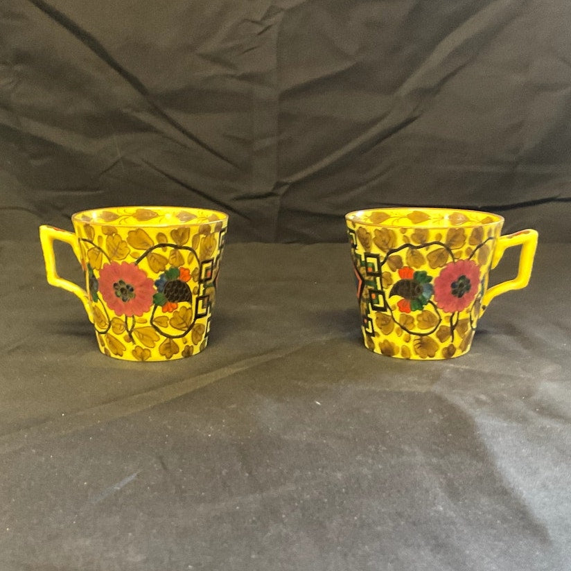 Hand painted Floral & Oriental Decor Cappuccino Cups & Saucers - Pair