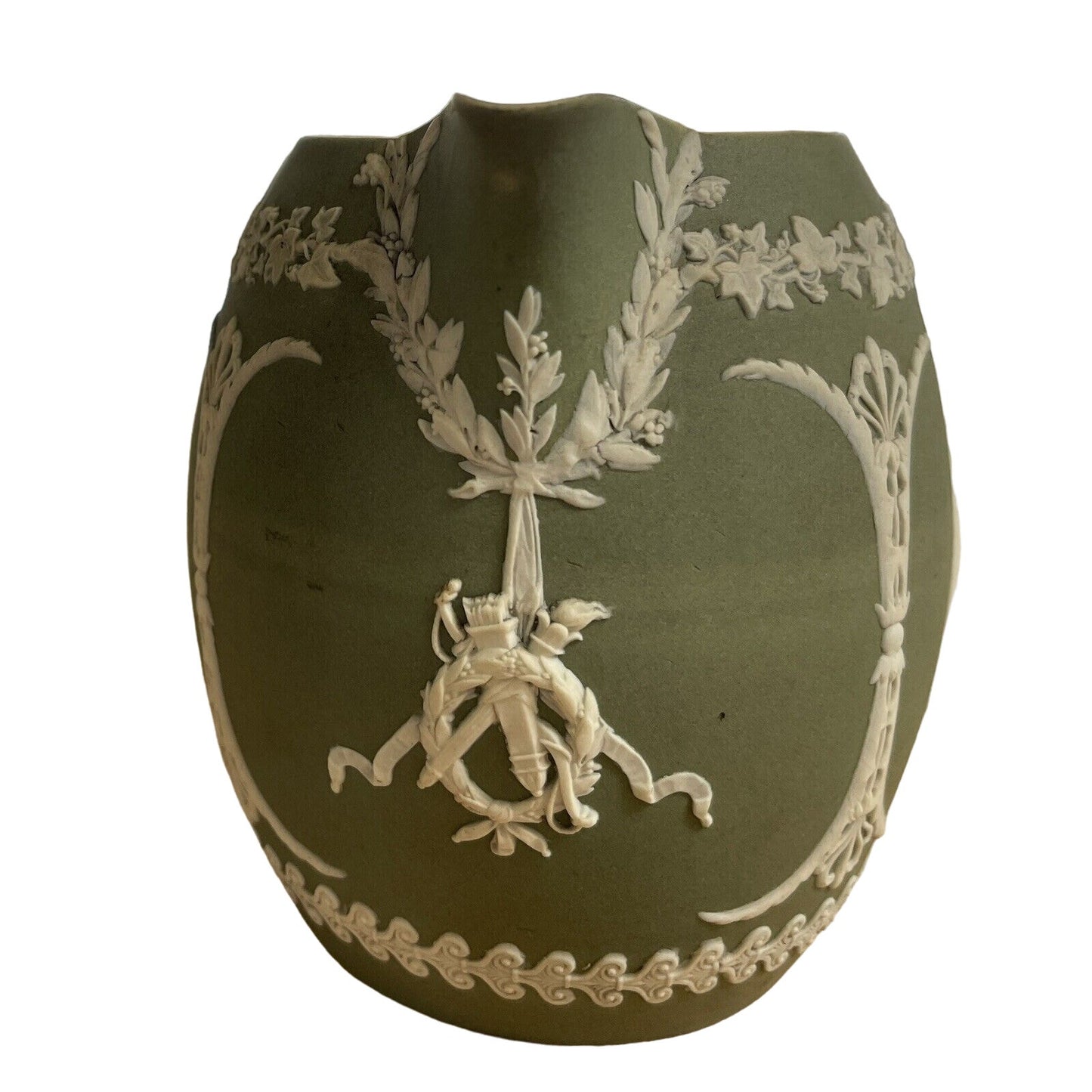 Vintage Wedgewood Neoclassical Dark Green Barrell Shaped Jasperwear Pitcher circa 1930