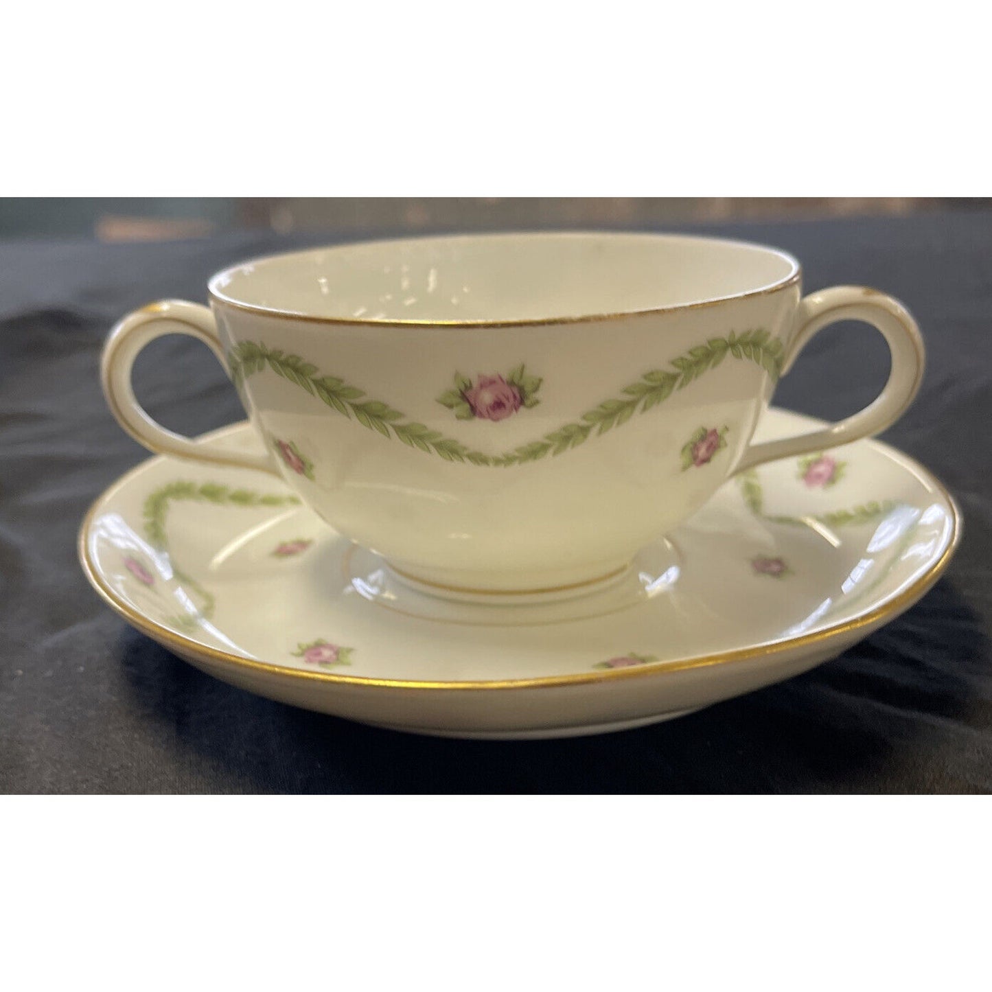 L.B King Gilded with Ivy/Rose Pattern Cream Soup or Bullion Cup & Saucer