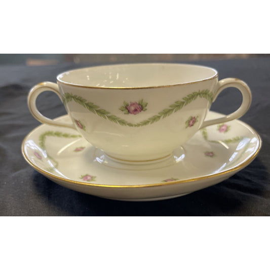 L.B King Gilded with Ivy/Rose Pattern Cream Soup or Bullion Cup & Saucer