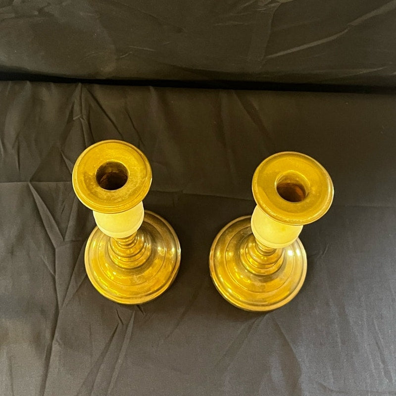Antique Stone & Brass Candlesticks - Pair