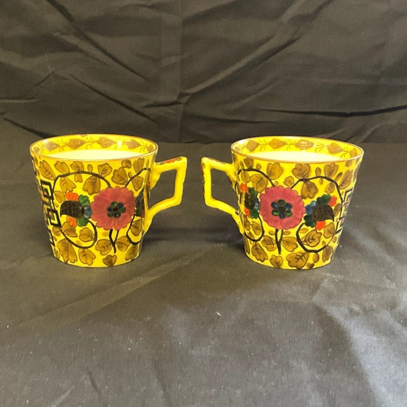 Hand painted Floral & Oriental Decor Cappuccino Cups & Saucers - Pair