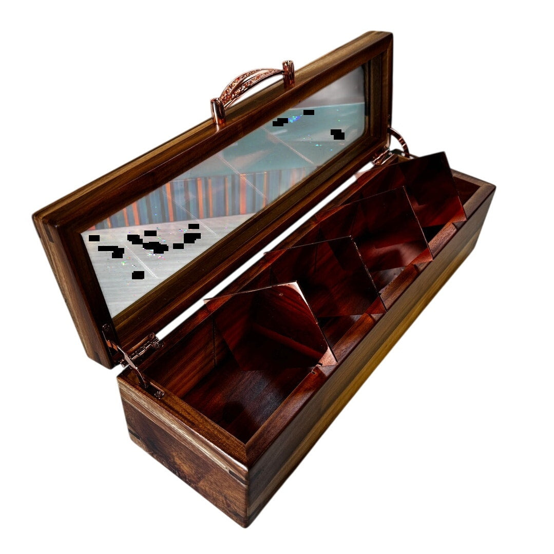 Mijenko Acacia Wood 4 Compartment Tea Chest-Glass Lid-Rose Gold Accents Giftable