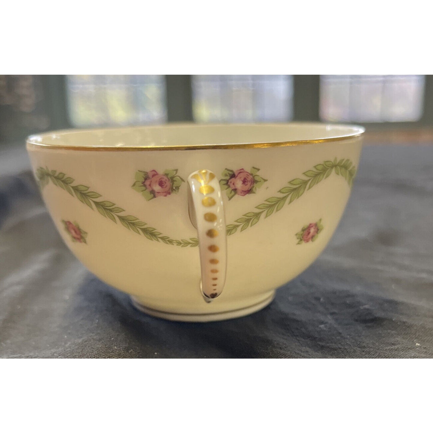 L.B King Gilded with Ivy/Rose Pattern Cream Soup or Bullion Cup & Saucer