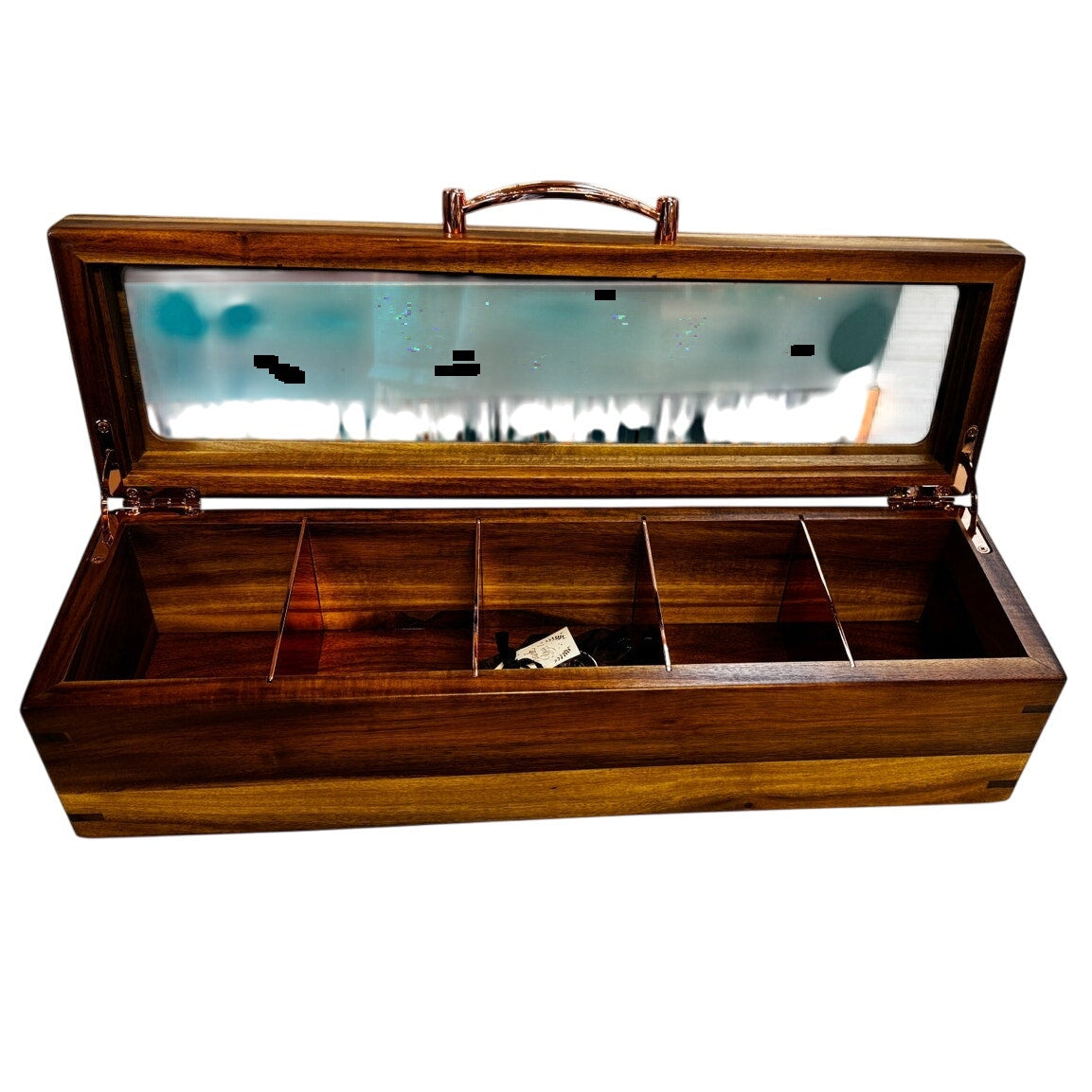 Mijenko Acacia Wood 4 Compartment Tea Chest-Glass Lid-Rose Gold Accents Giftable