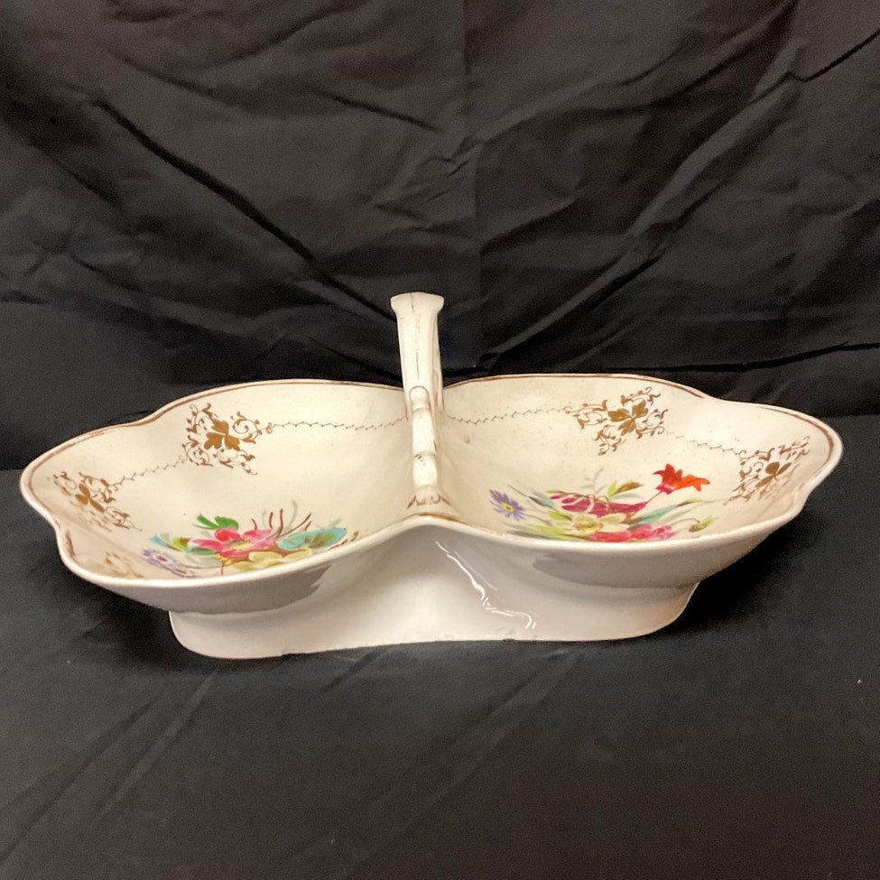 Vintage Porcelain Two Compartment Handled Relish Serving Dish