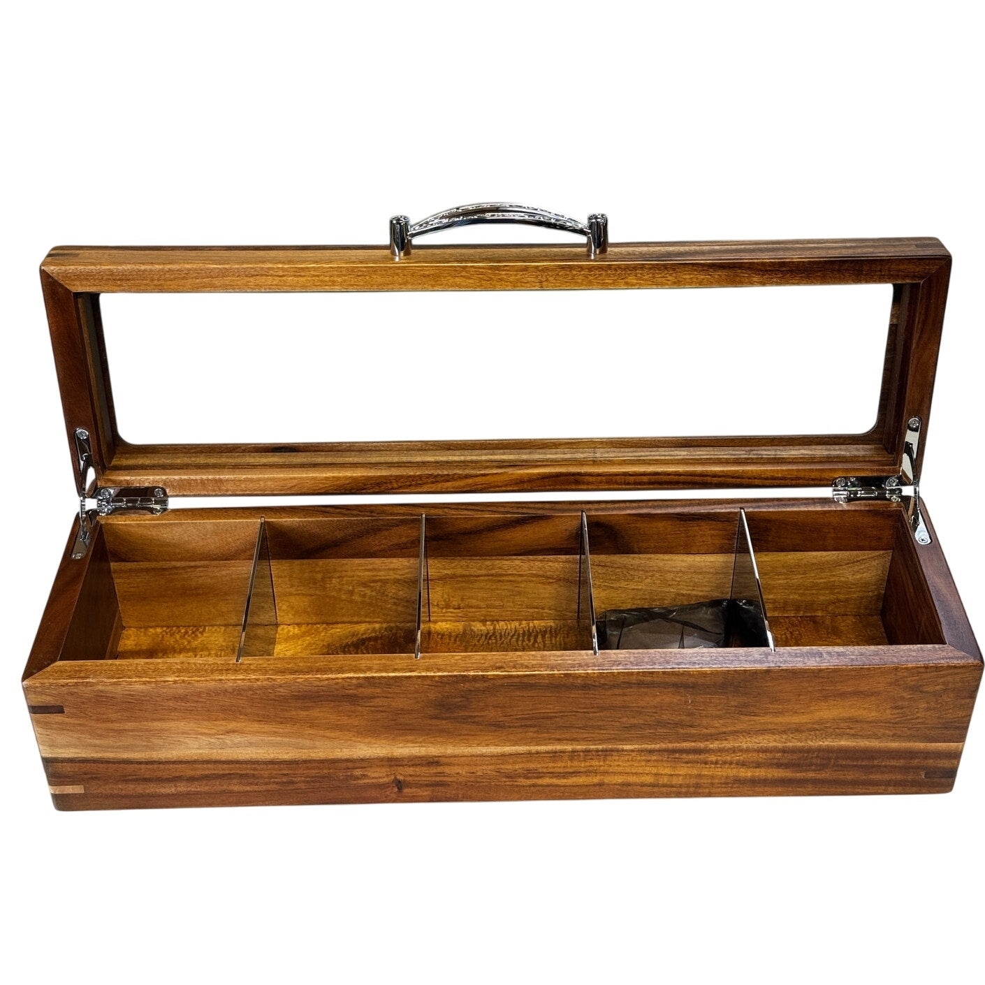 Mijenko Acacia Wood 4 Compartment Tea Chest-Glass Lid-Silver Accents🎁Gift-Ready