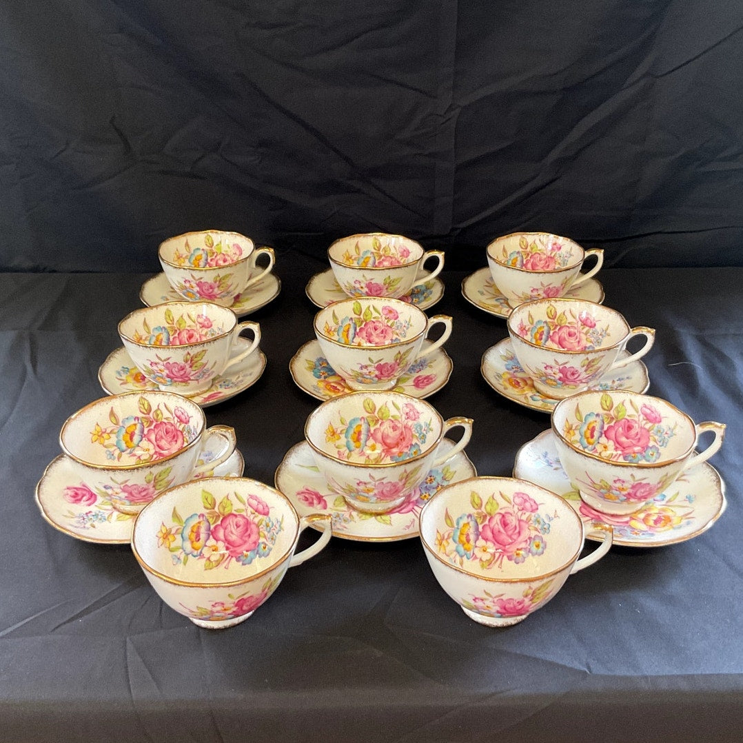 Roslyn Bone China Sunningdale Hand Painted Cups & Saucers - Set of 9 + 2 cups