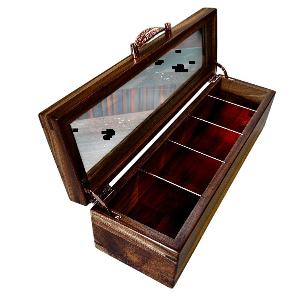 Mijenko Acacia Wood 4 Compartment Tea Chest-Glass Lid-Rose Gold Accents Giftable