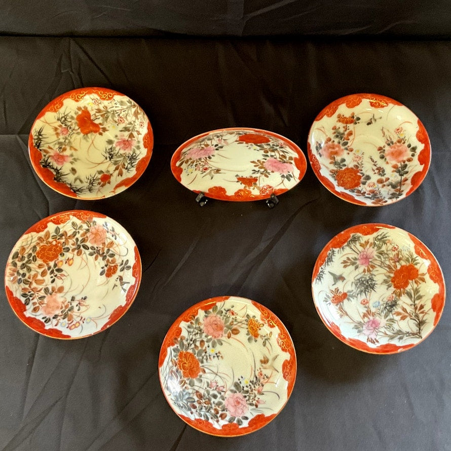 Vintage Asian Hand Painted Ceramic Saucers - Set of 6