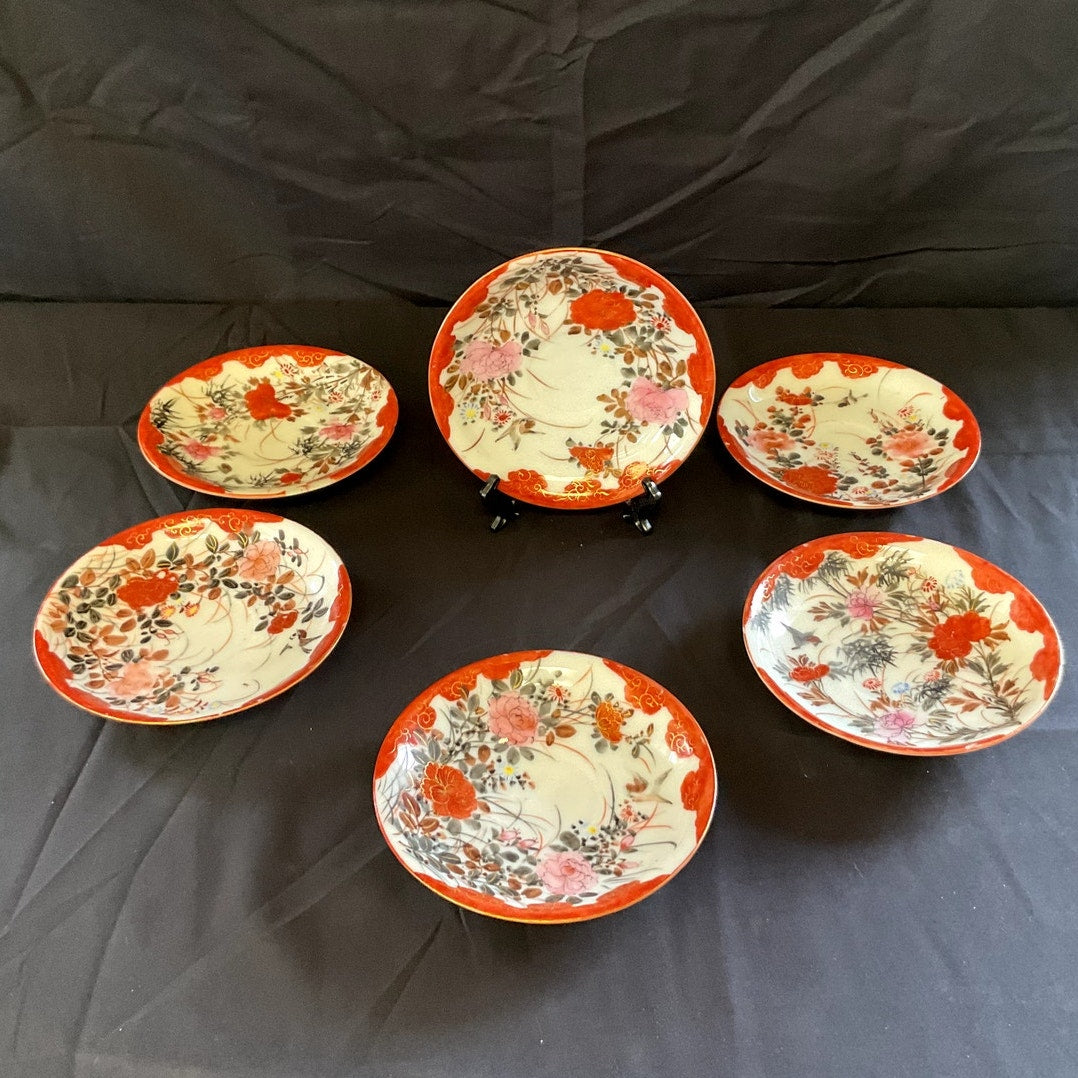 Vintage Asian Hand Painted Ceramic Saucers - Set of 6
