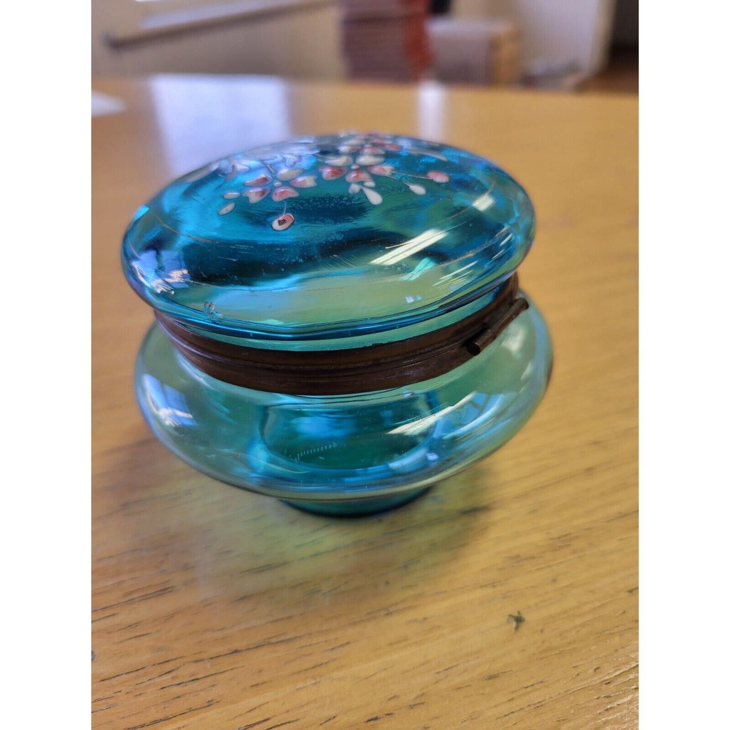 Antique French Enameled Blue Glass Hinged Trinket Jar