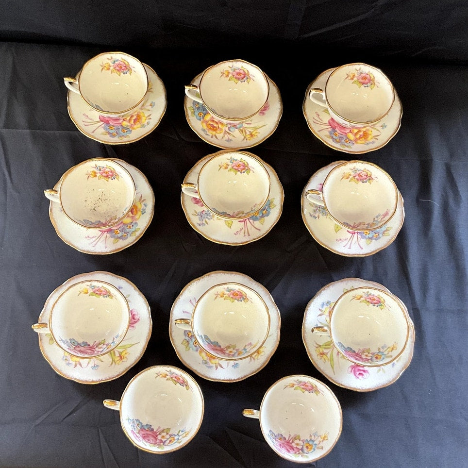 Roslyn Bone China Sunningdale Hand Painted Cups & Saucers - Set of 9 + 2 cups