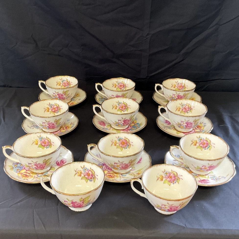 Roslyn Bone China Sunningdale Hand Painted Cups & Saucers - Set of 9 + 2 cups